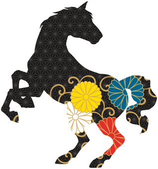 菊と唐松、麻の葉模様の馬 菊と唐松、麻の葉模様の馬 年賀状,午,午年,馬,干支,2026年,令和8年,和,和柄,唐松模様のイラスト素材