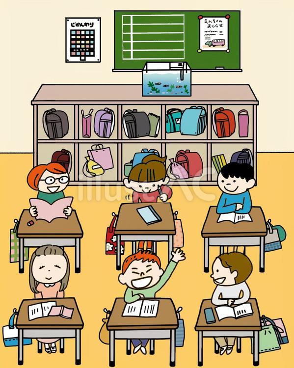 小学生とクラスルーム 教室,小学生,ランドセルのイラスト素材