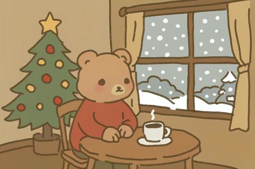窓から雪景色眺めながらカフェタイム 雪,冬,降雪,積雪,景色,カーテン,窓,木,クリスマスツリー,カフェのイラスト素材