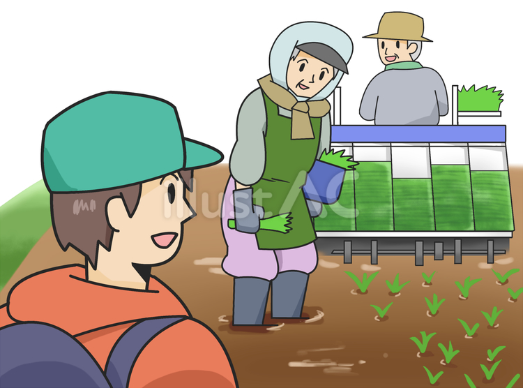 田植え中の農家さんに話しかけるイラスト コミュニケーション,交流,地域のイラスト素材