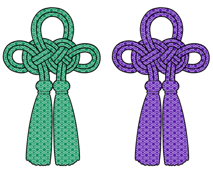 えんぎもの結び紐　黒線に緑と紫 装飾,結び紐,縁起,黒線,緑,紫,けまんむすび,どうしんむすび,神社,仏閣のイラスト素材