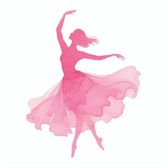 踊る女性のシルエット画 踊る,ポーズ,舞,ピンク,水彩画,シルエット,スカート,バレエ,ダンス,優雅のイラスト素材
