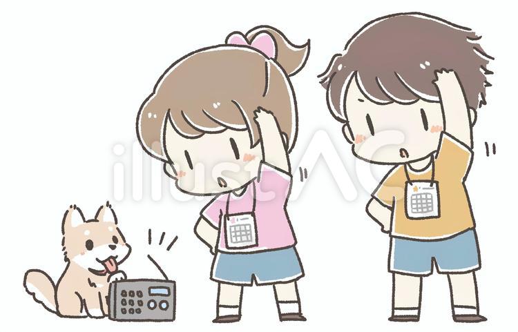 ラジオ体操する子どもたちと犬 手描き,かわいい,人物のイラスト素材