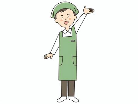 案内する男性店員 案内する男性店員 紹介,案内,説明,教える,お知らせ,注目,誘導,元気,手を振る,手をあげるのイラスト素材