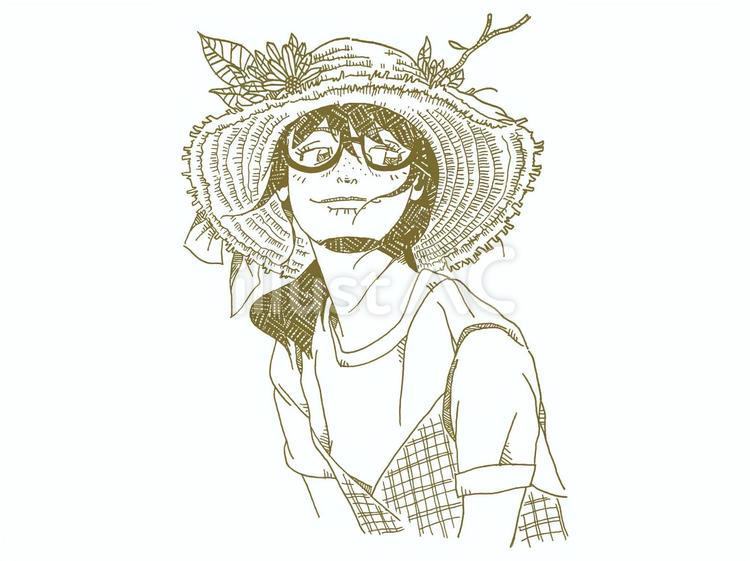 麦わら帽子を被った女の子の線画イラスト 女の子,麦わら帽子,花飾りのイラスト素材