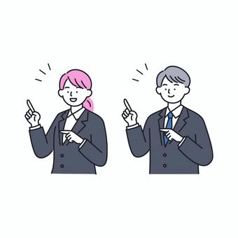 ポイントを指差すビジネス男女のイラスト 人物,ビジネス,就活,男性,女性,スーツ,説明,ポイント,指摘,案内のイラスト素材