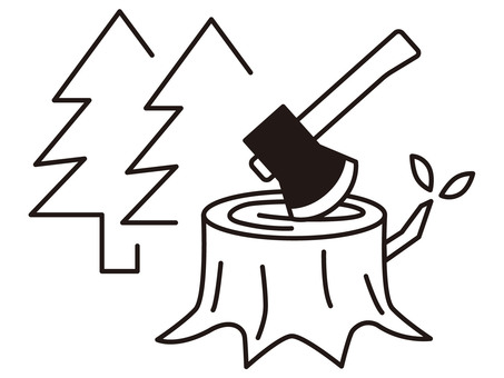 切り株に斧が刺さった自然風景モノクロ線画 斧,切り株,森,自然,アウトドア,風景,線画,モノクロ,シンプル,木こりのイラスト素材