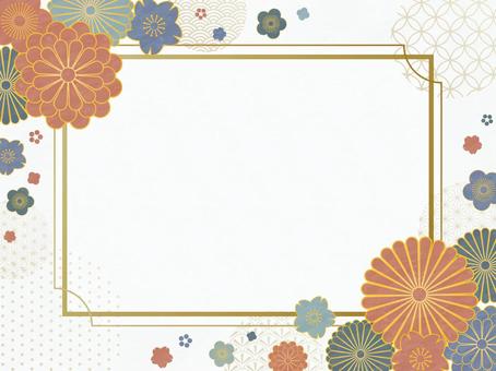 和の花柄のゴールドフレーム オレンジ,緑,青,花柄,新年,謹賀新年,菊,梅,桜,鹿の子のイラスト素材