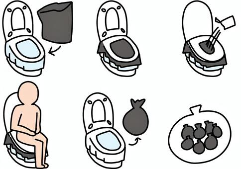 災害時トイレ使用法　カラー 災害時,緊急時,使用方法,手順,ビニール袋,便器,簡易,トイレ,カラーのイラスト素材