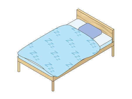 木製のベッドと青い掛け布団 ベッド,家具,寝具,寝床,布団,掛け布団,木製,柄付き,ライトブルー,アイソメトリックのイラスト素材