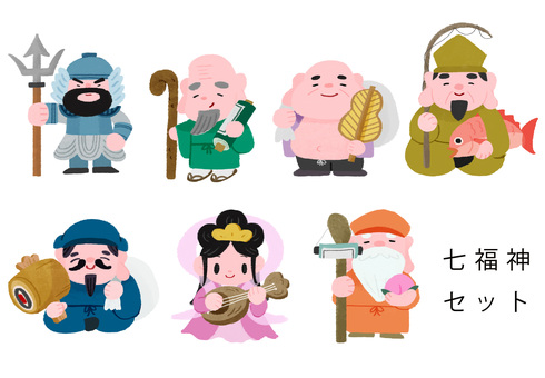 七福神の手描きカラーイラストセット 七福神,セット,毘沙門天,福禄寿,布袋尊,恵比寿,大黒天,弁財天,寿老人,神様のイラスト素材