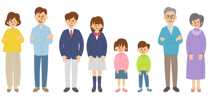 姑息な顔の人々 姑息,顔,表情,人物,家族,おじいさん,おばあさん,お父さん,お母さん,夫婦のイラスト素材