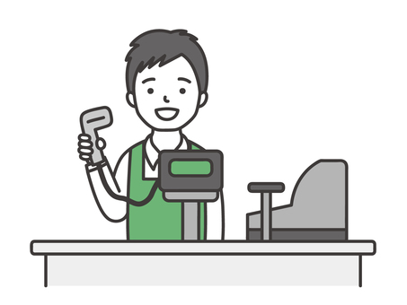 スーパーのレジ スーパーのレジ レジ係,マーケット,案内,店,店舗,男性,社員,レジ,レジ打ち,会計のイラスト素材