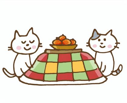 Illustration, a kotatsu, mandarin orange, cat, 