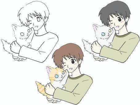 拒否猫（男性ver） 猫,男性,拒否,ツンデレ,白猫,茶猫,オッドアイ,黒髪,茶髪,飼い主のイラスト素材