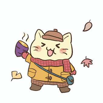 秋服を着て焼き芋を食べる猫のイラスト 猫,動物,キャラクター,秋,秋服,焼き芋,かわいい,ゆるい,おしゃれ,食べ物のイラスト素材