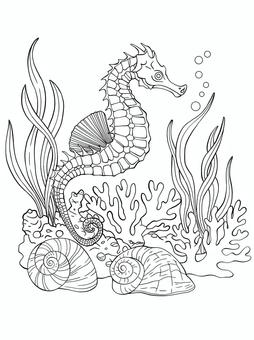 タツノオトシゴ タツノオトシゴ,塗り絵,線画,大人向け,海藻,サンゴ,貝,水中,細かい,リアルのイラスト素材