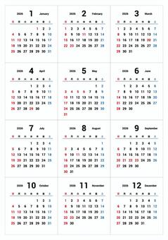 2026年1月始まりカレンダー（日本語） カレンダー,年間,2026年,日曜始まり,スケジュール,ベクター,白背景,透過のイラスト素材