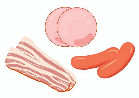 ベーコン　ハム　ウインナー　3点セット ウインナー,ベーコン,ハム,加工食品,燻製,特産品,おつまみ,肉,素材,popのイラスト素材