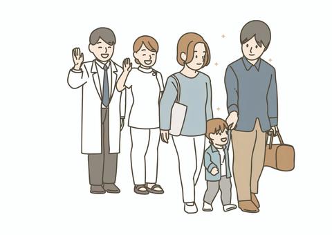退院して家族と帰る男性 退院して家族と帰る男性 退院,家族,患者,病院,医師,看護師,笑顔,感謝,医療,回復のイラスト素材