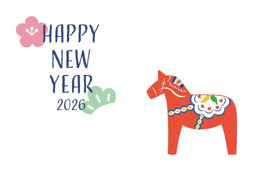 2026年の年賀状-北欧風の馬の置物3横 ダーラナホース,スウェーデン,北欧,民芸品,木彫り,木馬,おしゃれ,カラフル,模様,手描きのイラスト素材