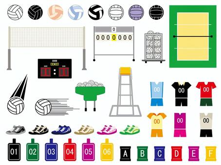 バレーボールの素材セット01 バレーボール,スポーツ,競技,球,ネット,得点板,コート,審判台,シューズ,シューズケースのイラスト素材
