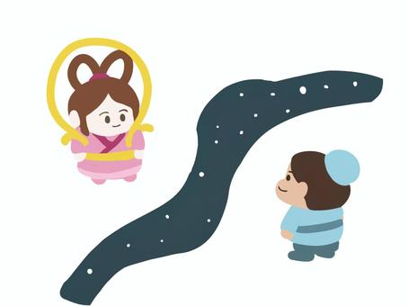 織姫と彦星です アナログ,デフォルメ,かわいい,シンプル,アニメ調,織姫,彦星,星座,七夕,天の川のイラスト素材