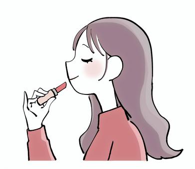 メイクする女性のイメージ・フェミニン メイク,リップ,口紅,化粧,女性,身だしなみ,おしゃれ,茶髪,ロングヘア,ガーリーのイラスト素材