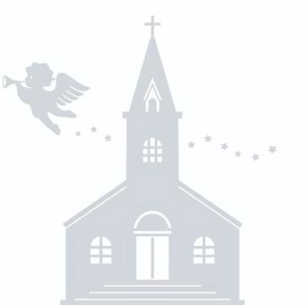 天使と教会のシルエット_シルバー クリスマス,アイコン,モチーフ,教会,チャーチ,天使,エンジェル,飛ぶ,ラッパ,吹くのイラスト素材