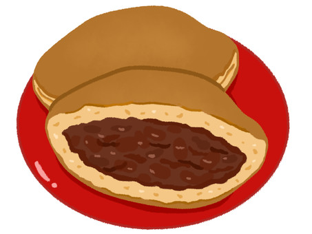 赤いお皿にのった美味しそうなどら焼き どら焼き,あんこ,茶色,和菓子,食器,皿,断面,粒あん,半分,食べかけのイラスト素材