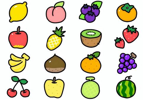 かわいい果物のイラスト素材　フルーツ 果物,食べ物,もも,パイナップル,りんご,なし,みかん,ブルーベリー,いちご,ぶどうのイラスト素材