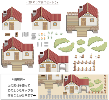 2Dマップ制作セット6　(いろいろな家) ゲーム,マップ,フィールド,家,建物,建造物,アプリ,地形,街,村のイラスト素材