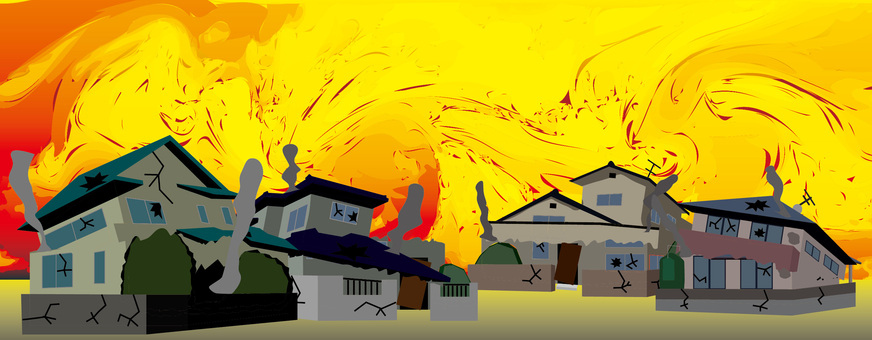 火災住宅地　 火災,災害,燃える,住宅地,一軒家,戸建,屋根,建物,崩れるのイラスト素材