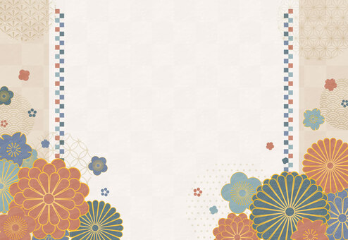 和の花柄の年賀状 背景格子 横書き 格子柄,オレンジ,背景,フレーム,花柄,日本,伝統,ドット,和,和紙のイラスト素材