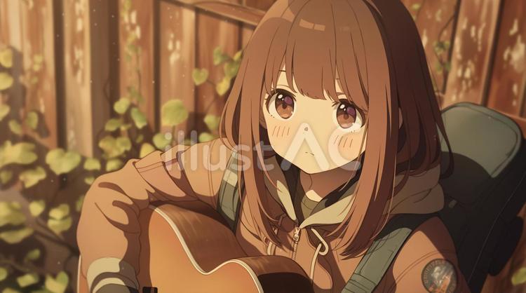 ギターを弾くアニメ調の日本人美少女2 美少女,女性,かわいいのイラスト素材