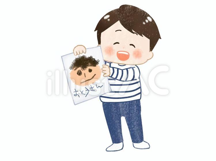 父の日にお父さんの似顔絵を贈る男の子 お父さん,父親,父の日のイラスト素材