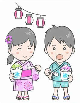 祭り＿ゆかたと甚平＿かき氷 ゆかた,かき氷,祭り,夏祭り,秋祭り,甚平,涼む,縁日,夏休み,夏のイラスト素材