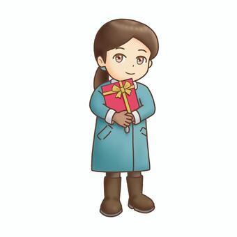 プレゼントを持つ女の子（冬のイラスト） 女の子,子ども,冬,冬服,コート,ブーツ,プレゼント,ギフト,クリスマス,立ち姿のイラスト素材