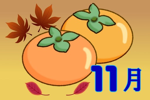 11月のイメージ　柿 柿,11月,甘柿,食べ物,果物,秋,紅葉,落ち葉,秋の味覚,収穫のイラスト素材