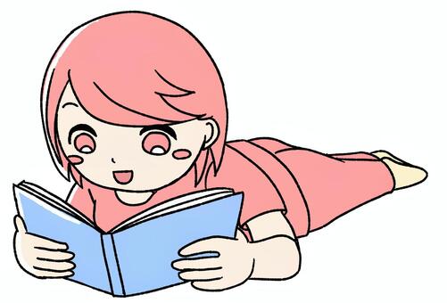 桃色の女の子が本を読む　寝そべり ピンク,手描き,読む,女の子,女性,人物,キャラクター,ピンク髪,読書,本を読むのイラスト素材