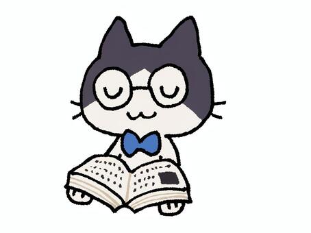 めがねをかけた猫が本を読むイラスト めがね,猫,本,読む,読書,ハチワレ,蝶ネクタイ,賢い,動物,かわいいのイラスト素材