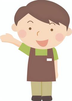 右手をあげる男性店員さん スーパー,店員,従業員,男性,案内,返事,制服,エプロン,おじさん,お兄さんのイラスト素材