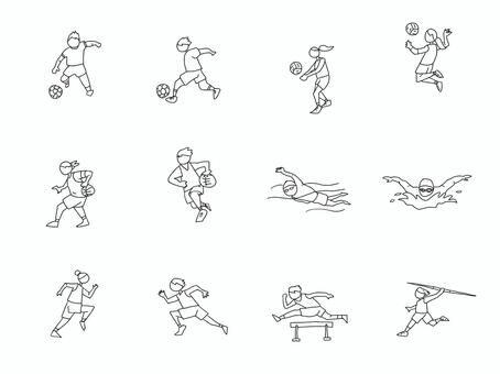 スポーツいろいろ①　モノクロ スポーツ,運動,球技,陸上,手書き,線画,フリーハンド,モノクロ,白黒,モノトーンのイラスト素材