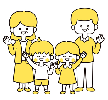 祖父母と孫_全身（黄色） 敬老,孫,祖父母,バイバイ,おじいちゃん,おばあちゃん,挙手,パー,家族,家庭のイラスト素材