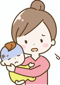 体調不良でぐったりする赤ちゃんとママ ママ,赤ちゃん,人物,体調不良,ぐったり,しんどい,風邪,感染症,病気,心配のイラスト素材