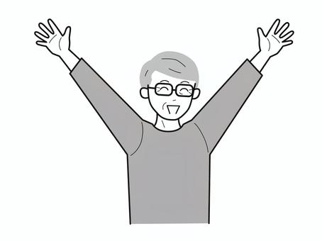 両手を上にあげ笑顔のシニア男性2／白黒 上半身,長袖,両手,バンザイ,笑顔,おじいさん,老人,高齢者,シニア,眼鏡のイラスト素材