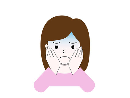 頬をおさえて青ざめる女性 女性,人物,感情,気持ち,青ざめる,青い,怖い,恐怖,不安,心配のイラスト素材