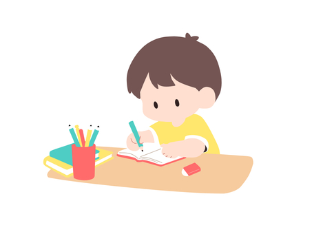 勉強する男の子 勉強,宿題,学習,子供,小学生,考える,えんぴつ,ノート,教科書,消しゴムのイラスト素材