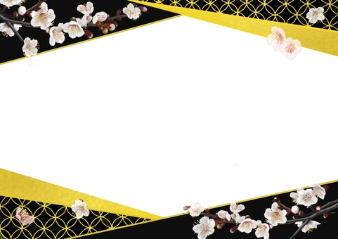 手描き梅の和風フレーム 梅,白梅,花,樹木,金箔,金,黒,和,和柄,和風のイラスト素材