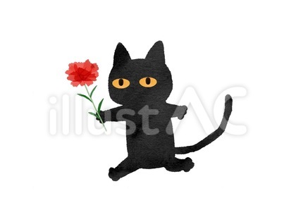 水彩風カーネーションを持つ黒猫アイコン